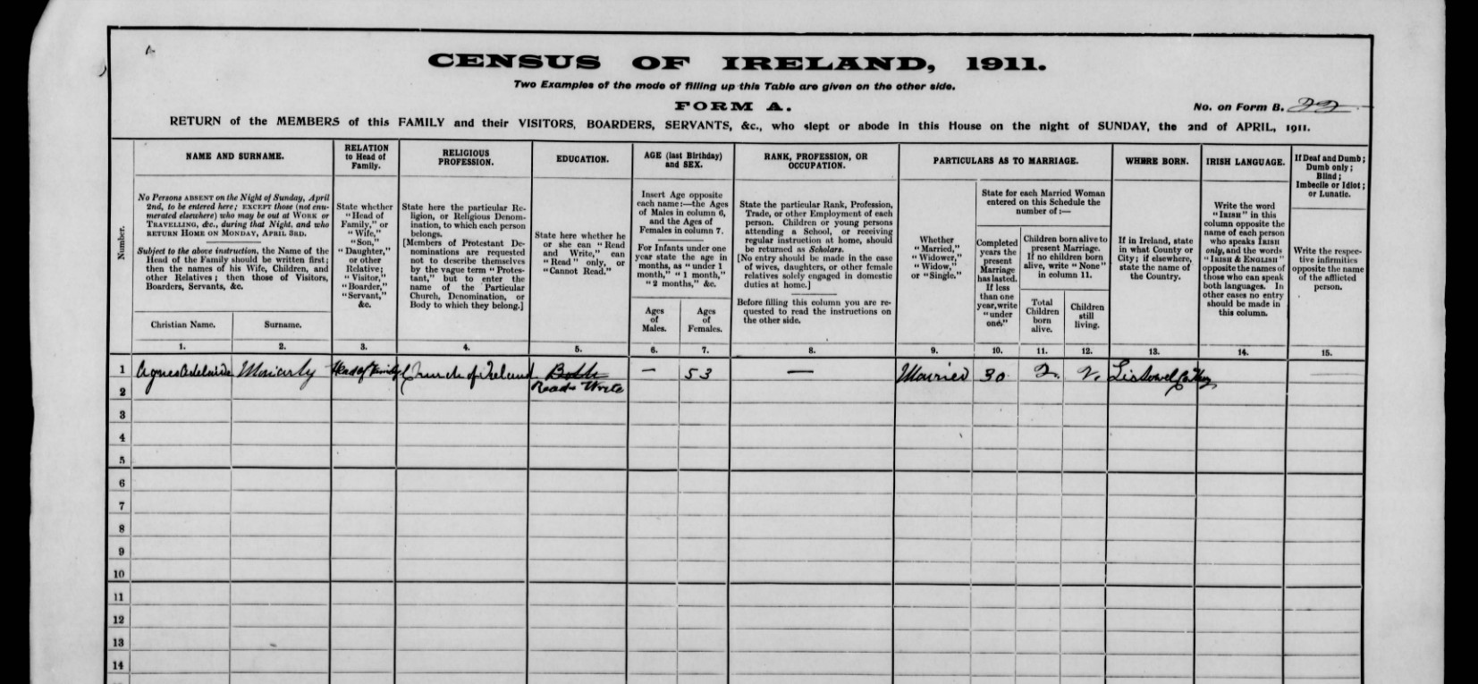 1901 Irish census record for Agnes Adelaide Sandes