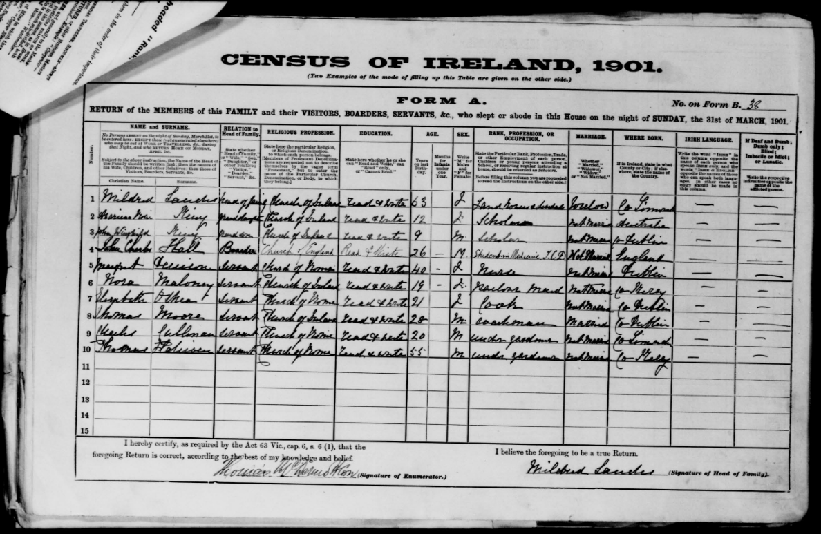 1901 Irish census record for Mildred Brown and family