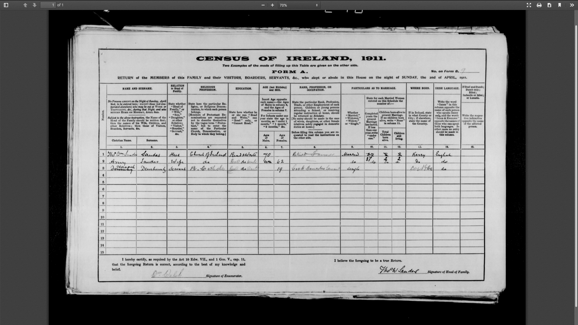 Irish Census 1911 for Thomas Sandes and Amelia MacNamara
