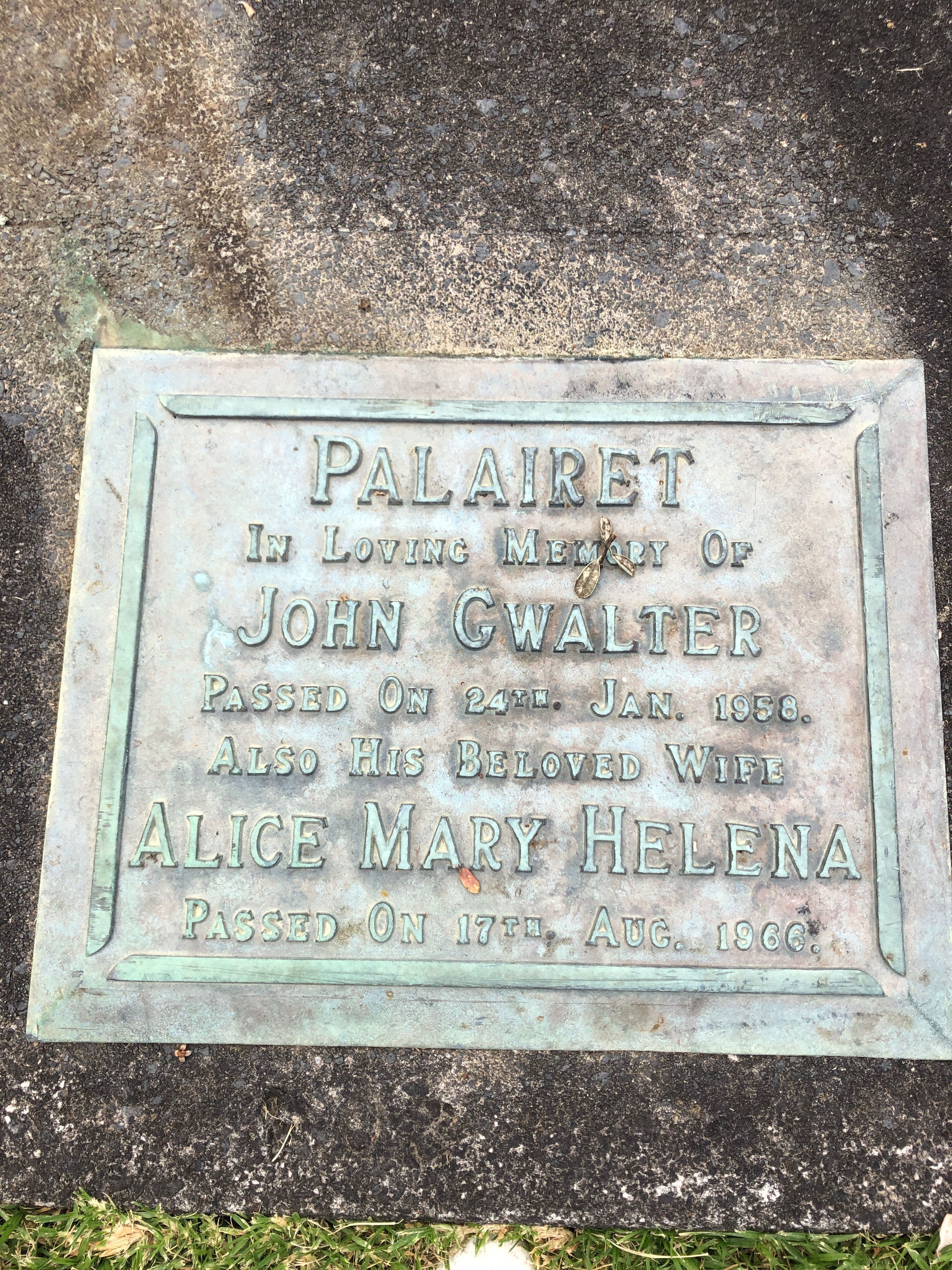 Headstone of John Gwalter Palairet and Alice Mary Helena Sandes