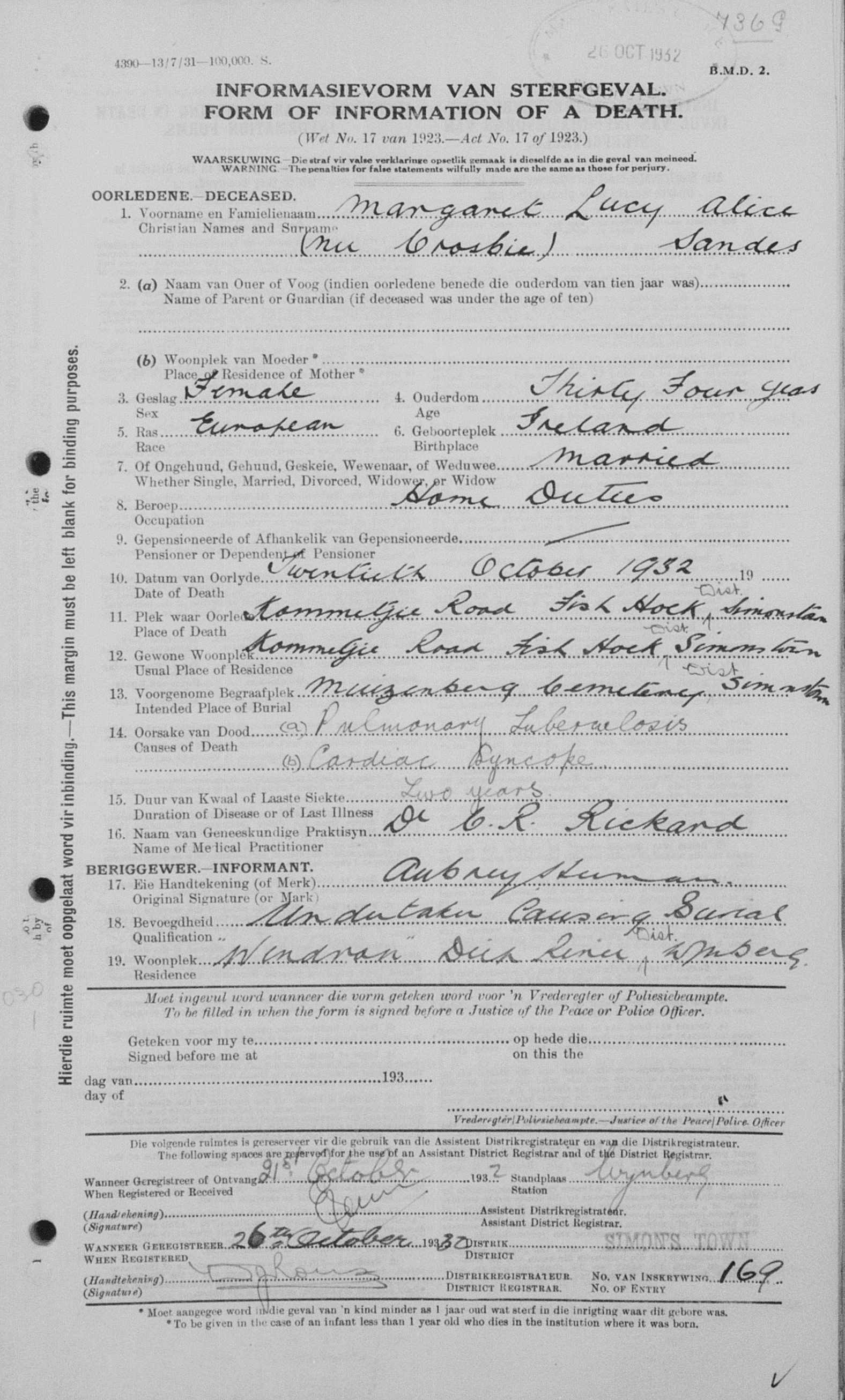 Death certificate of Margaret Lucy Alice Crosbie