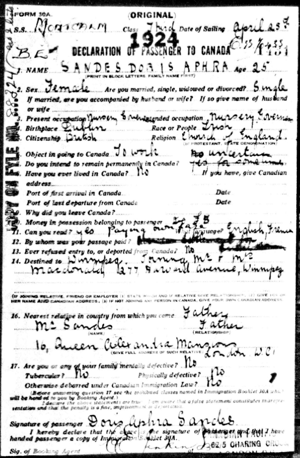 Border crossing document for Doris Aphra Sandes