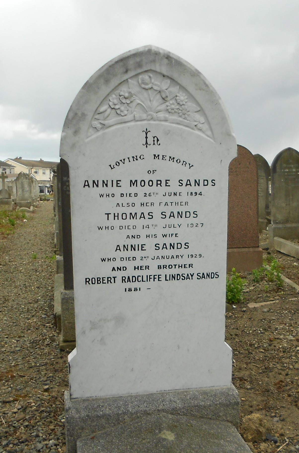 Headstone of Annie Moore Sands, Thomas Sands, Annie Sands and Robert Radcliffe Sands