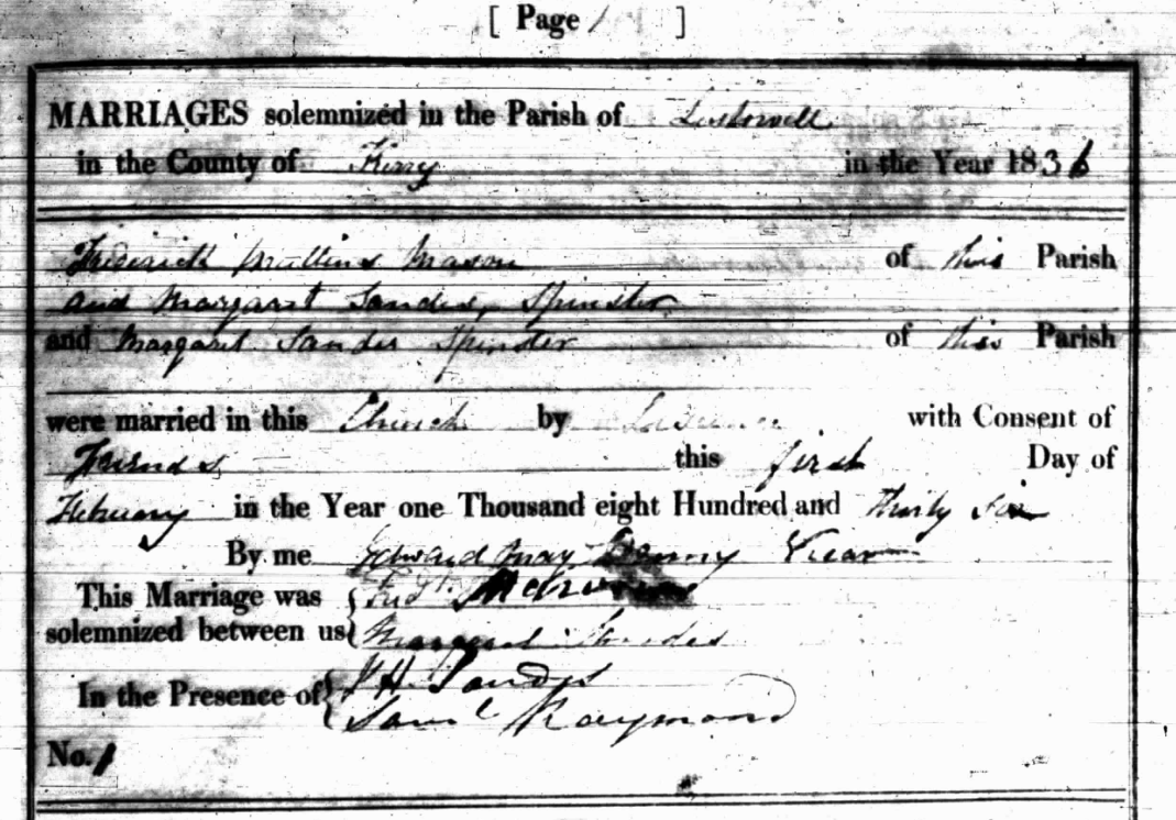 Frederick M Mason and Margaret Sandes marriage entry.