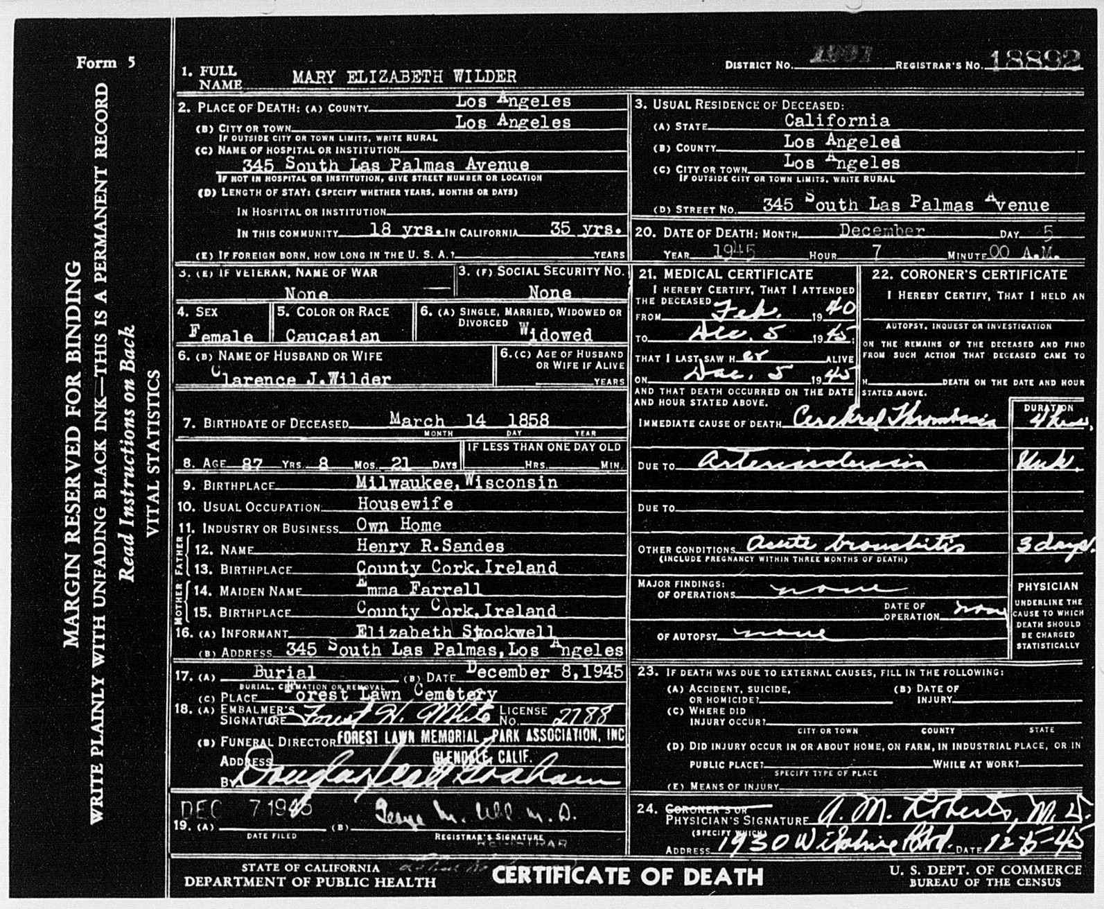 Death record of Mary Elizabeth Sandes
