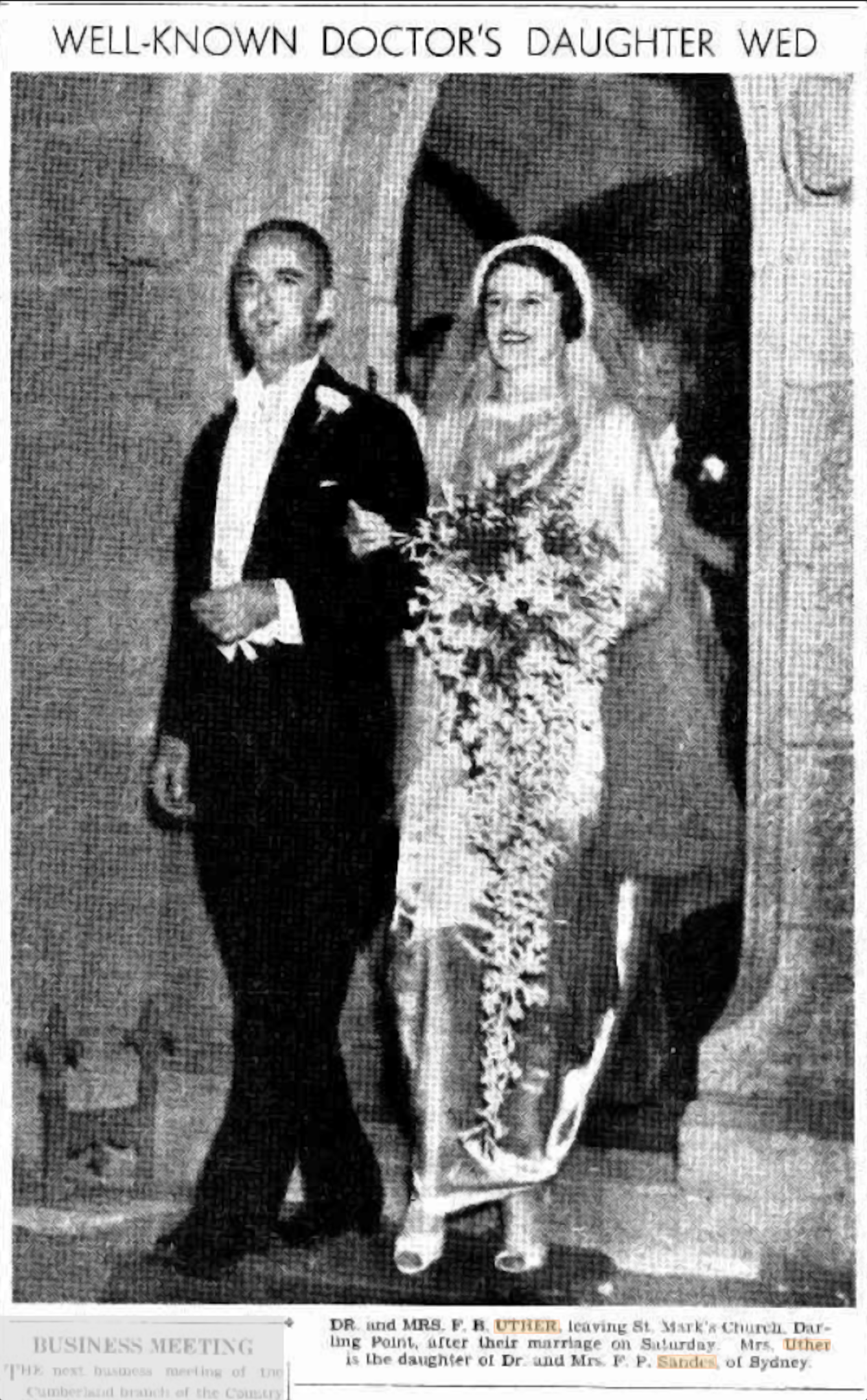 Dr Frederick B Uther and Mrs Jean F Sandes outside St Mark's Church Sydney on their wedding day.