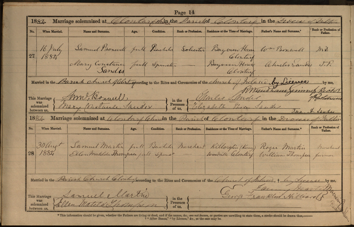 Marriage record for Samuel Boxwell and Mary Constance Sandes