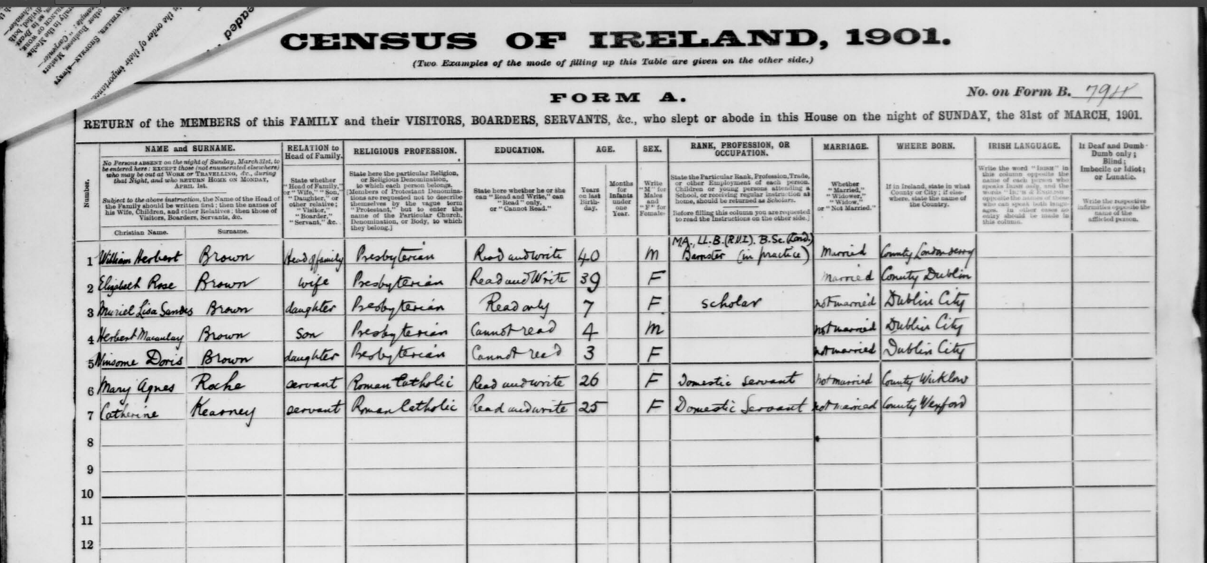 1901 Irish census record for William Herbert Brown and family